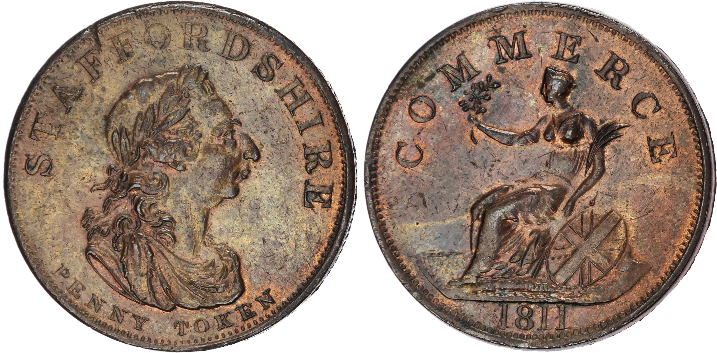 Staffordshire, General Commerce, Penny 1811, Bust of George III right, rev. Britannia seated left, edge centra…