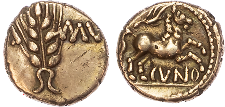 Trinovantes and Catuvellauni, Cunobelin (c. AD 8-41) AV ¼ Stater, ‘Classic’ type, 1.32g.