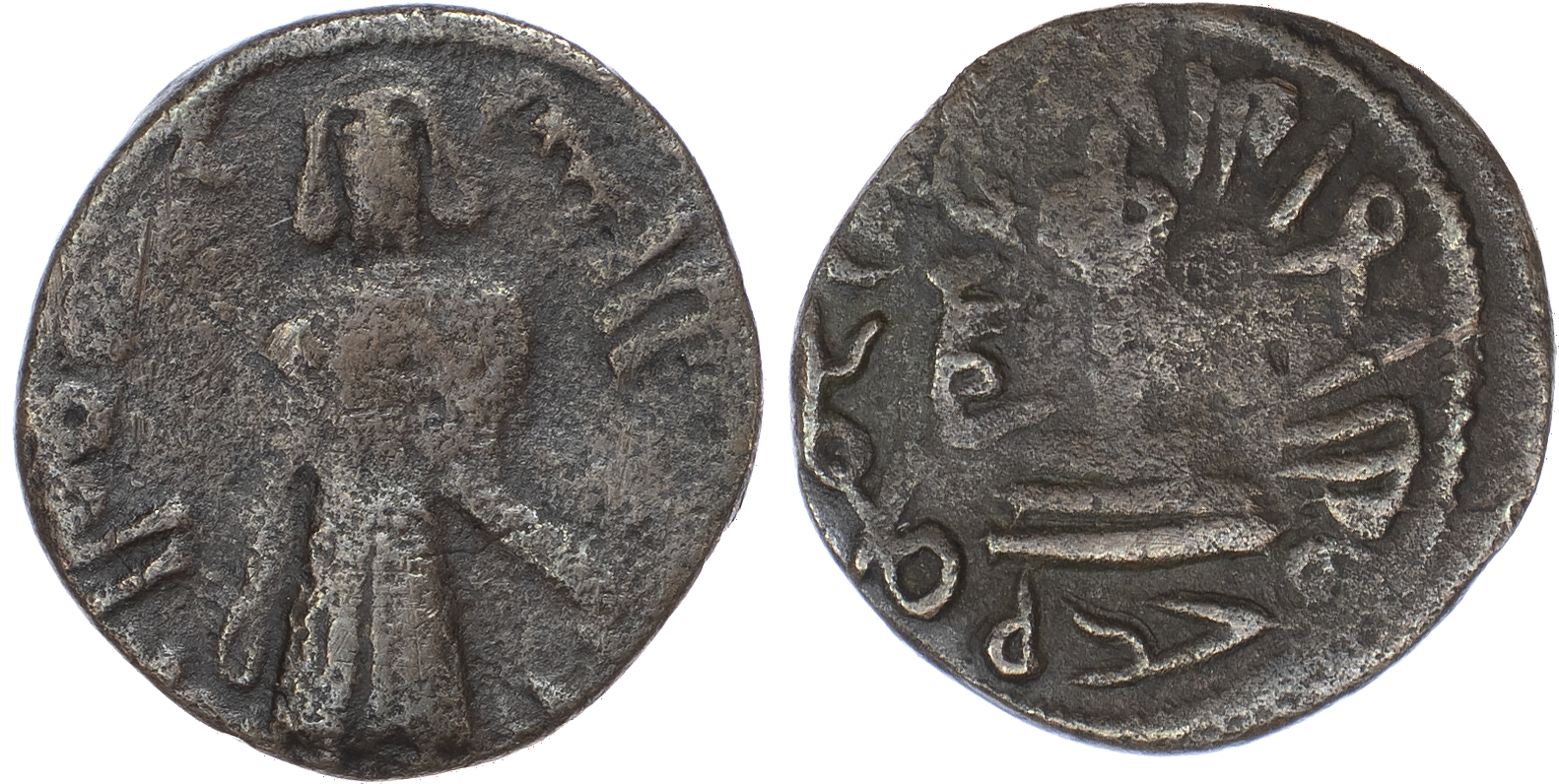 Arab-Byzantine, temp. Abd al‑Malik ibn Marwan (AH 65‑86 / 685‑705 AD), bronze Fals, Standing Caliph type, Halab