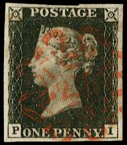 1840 1d Black Pl.4. Very fine used four margin example lettered PI, neatly cancelled by a crisp strike of the distinctive...