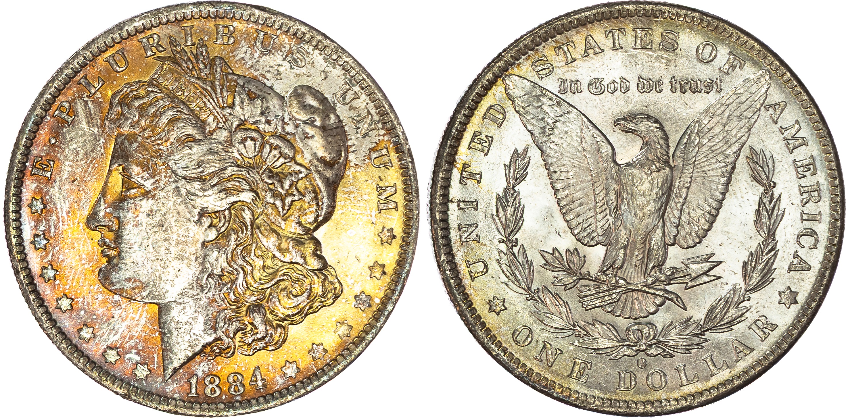 USA , silver Morgan Dollar, 1884, New Orleans, 26.74g (KM 110). About Uncirculated, beautiful golden tone to o…