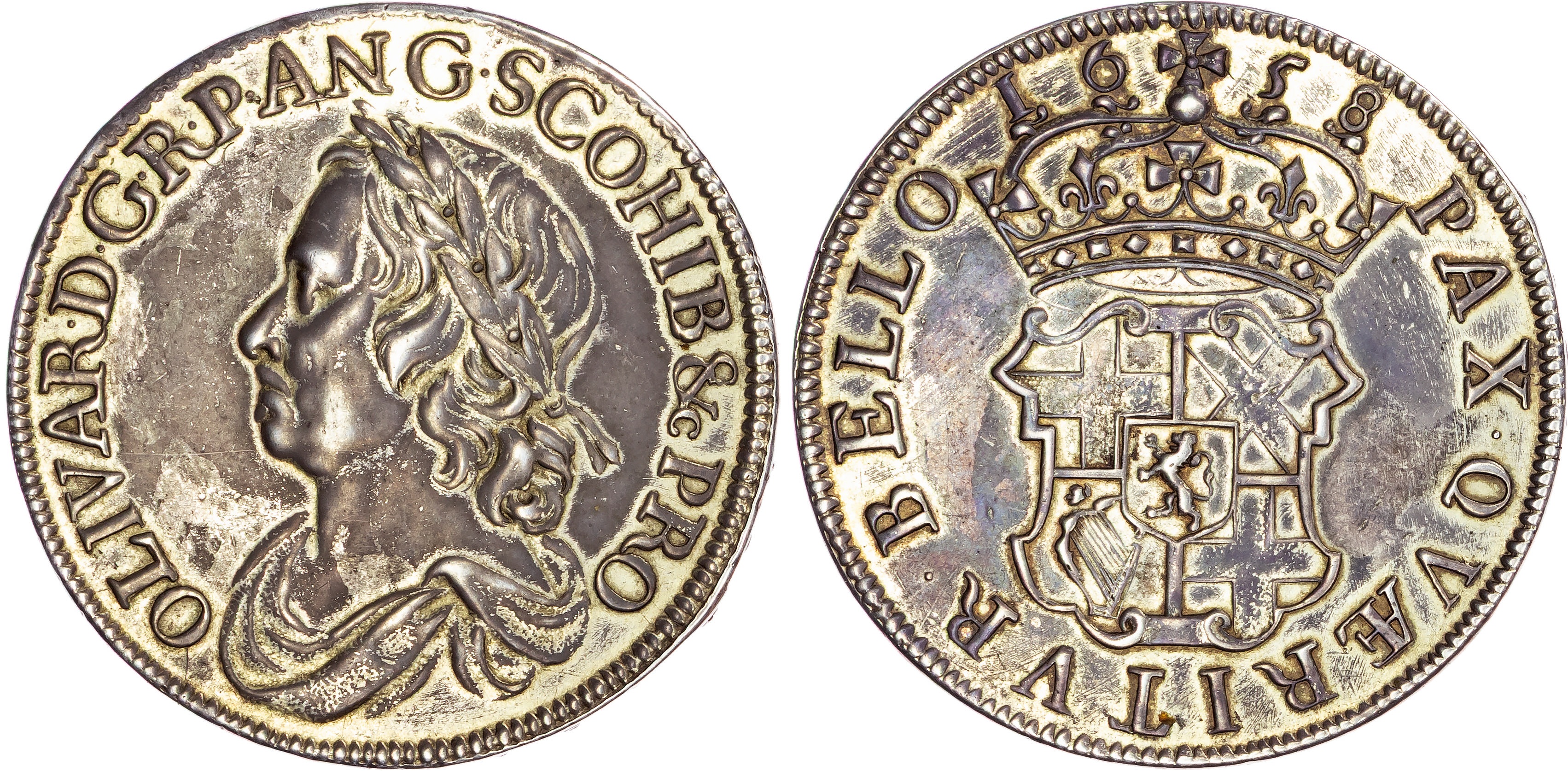 Oliver Cromwell, AR Gilt Crown, 1658, Dutch Copy struck in the Low Countries c. 1700. Excessively rare