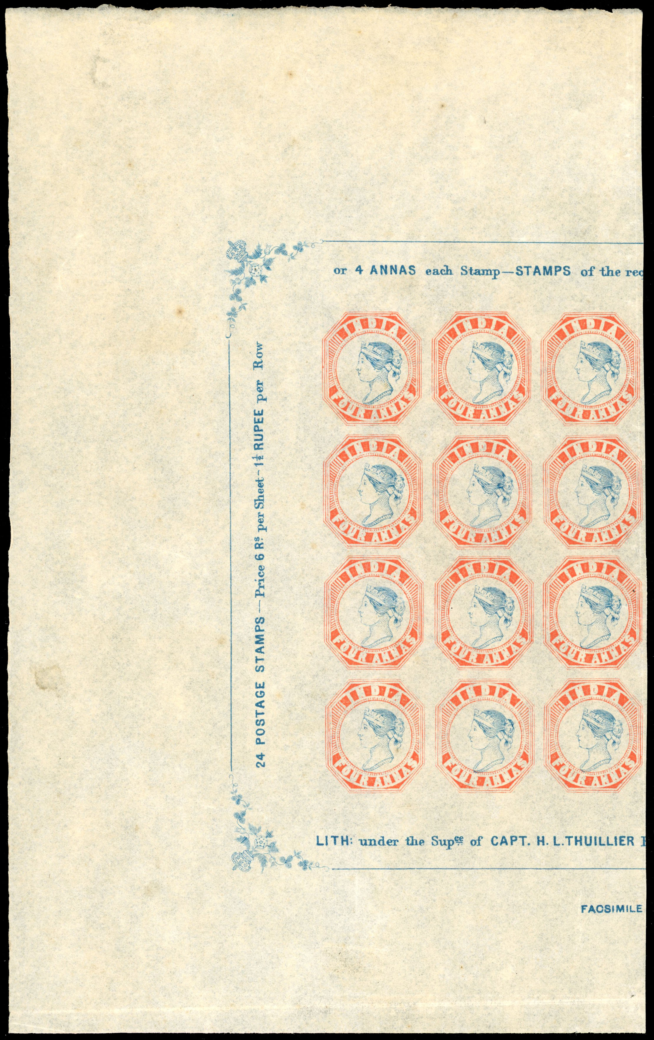 India 1894 reprints with the Issued Head, 4a block of 12