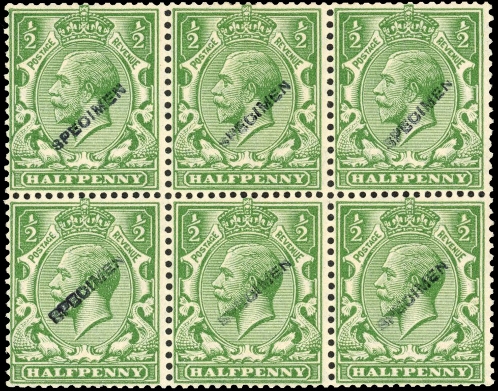 GB 1924-26 ½d green, experimental booklet pane of six optd "SPECIMEN" type 29 Spec. N33tb