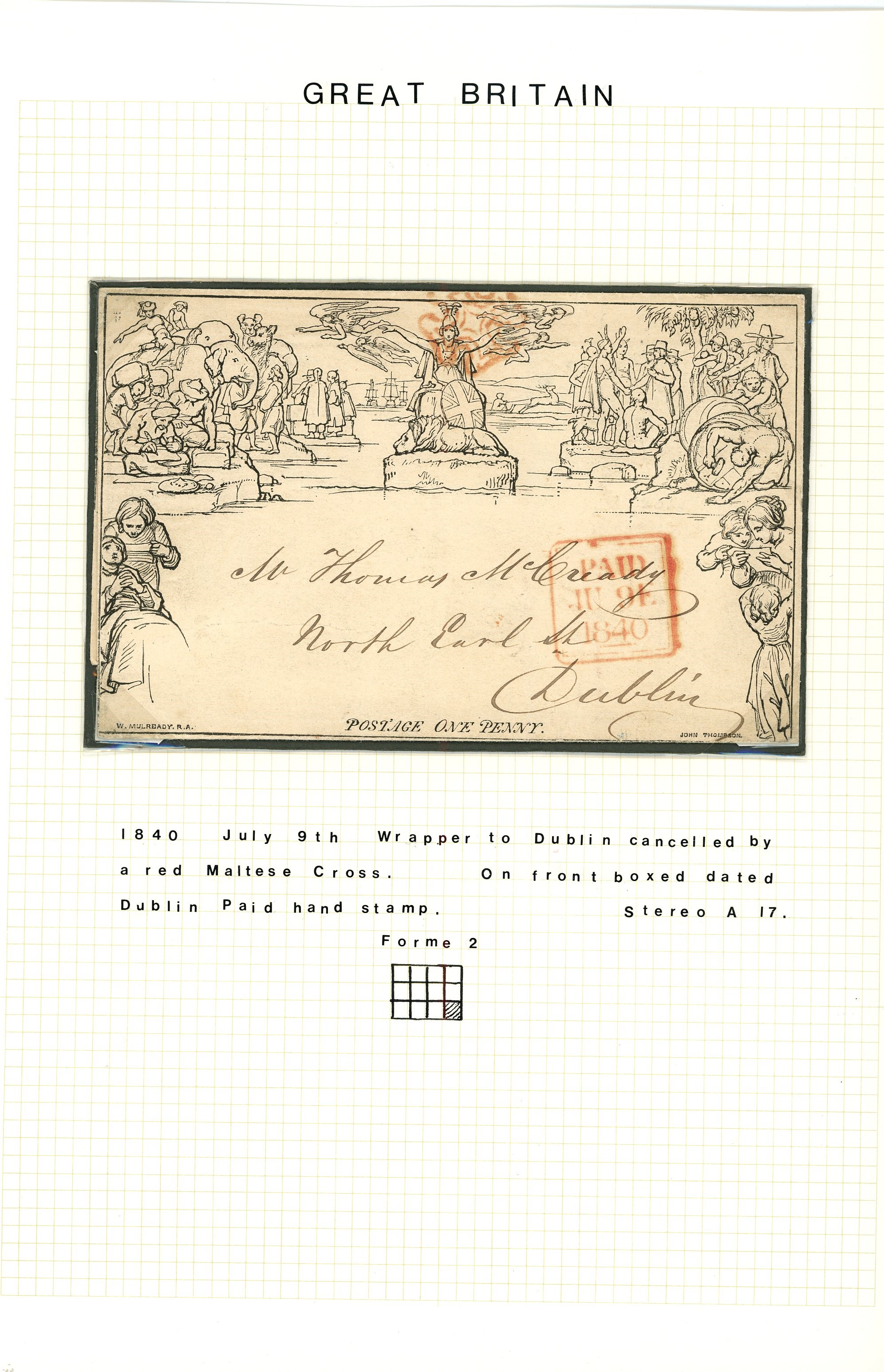 1840 Mulready 1d wrapper (Forme 2, A17) to Dublin neatly cancelled by red Maltese Cross
