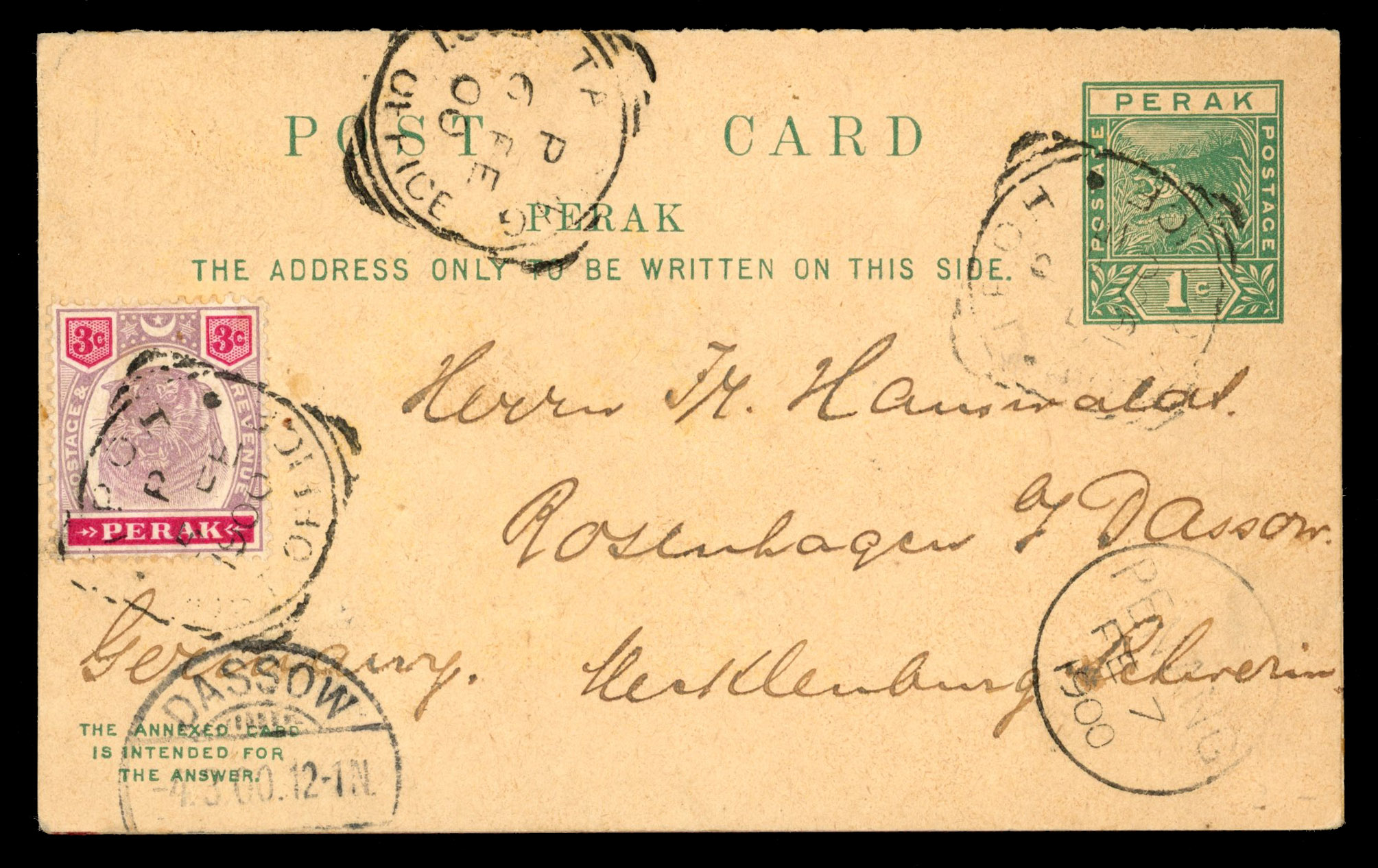 Perak 1900 1c reply paid card to Germany uprated with 3c tiger tied by ‘IPOH/5 FE/POST OFFICE’ squared circle