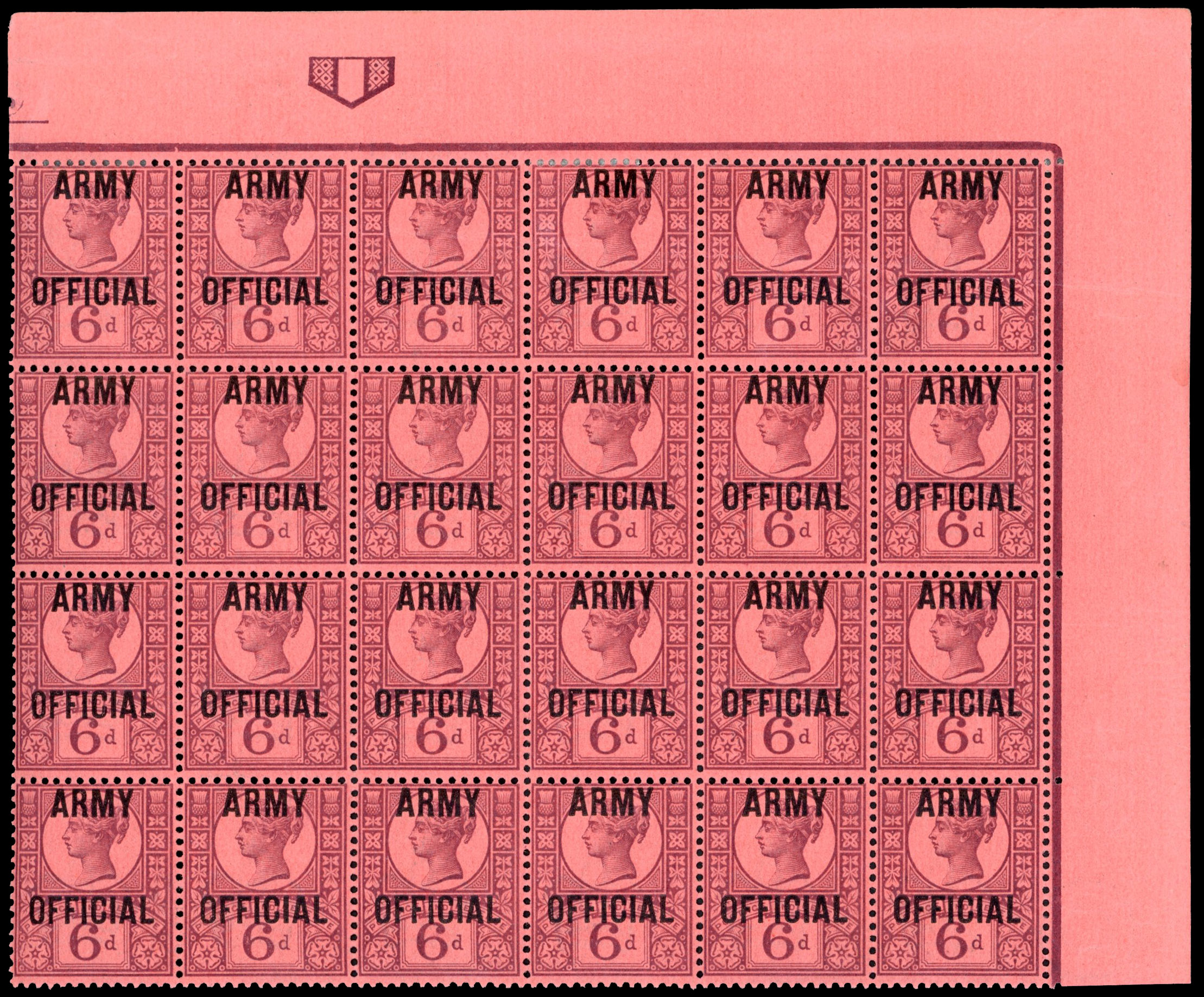 SG O45 Army Official 1901 6d purple on rose-red paper block of 24 mint
