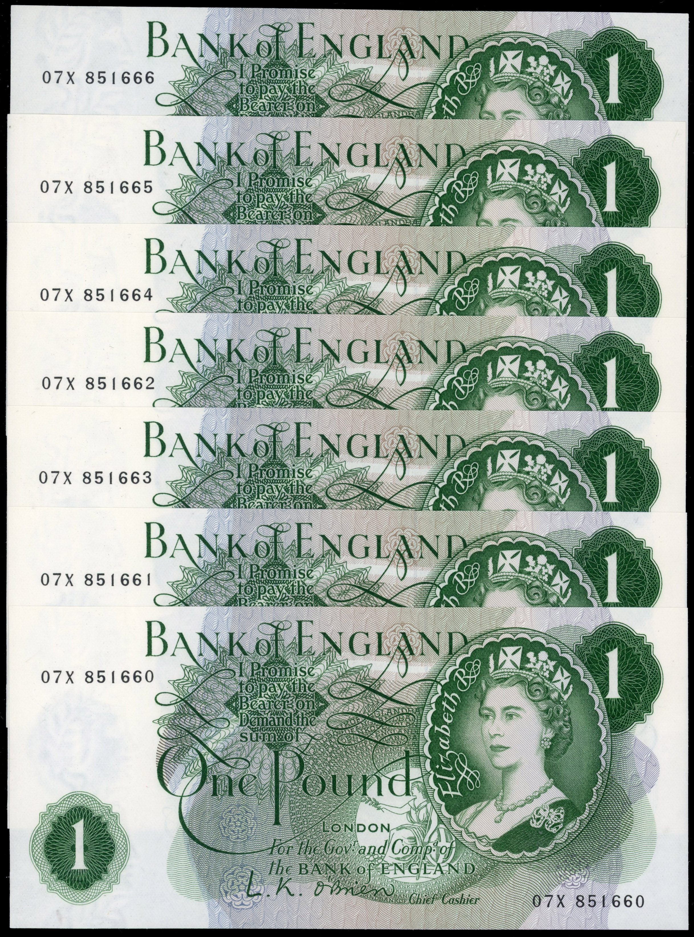 Bank of England, L K O’Brien, One Pound, Mar. 1960, O7X 851660, 851661, 851662, 851663, 851664, 851665 and 851…