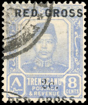 Trengganu 1917-18 8c+2c ultramarine, showing ‘RED CROSS’ twice, SG 22e