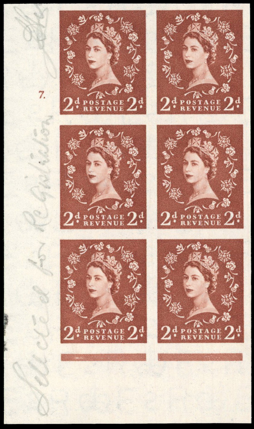 Great Britain 1956 2d Light red-brown, Cylinder Block of Six, BPMA Imprimatur, SG 543b