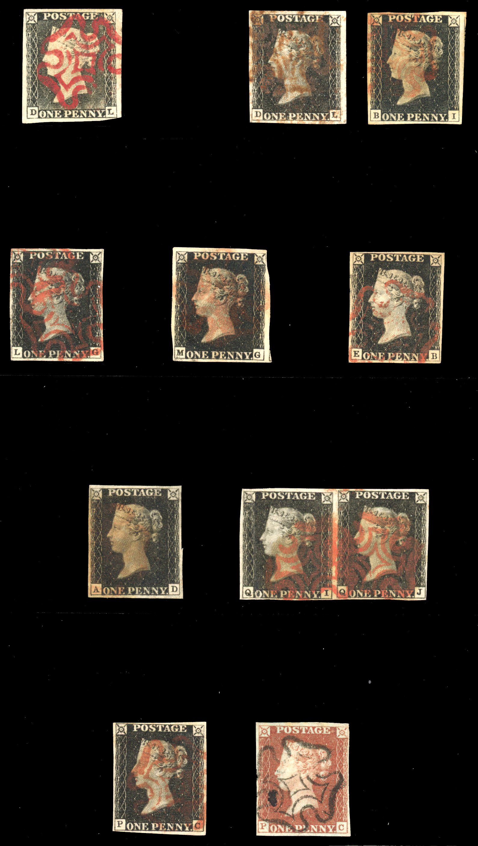 1840 1d black used selection arranged on a Hagner sheet