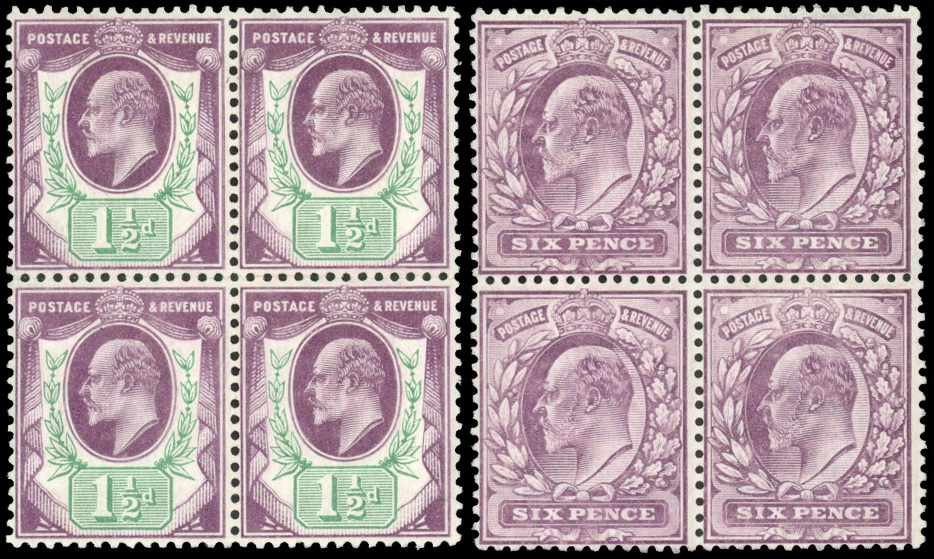 GB 1902-10 DLR 1½d slate-purple and green and 6d dull purple blocks mint