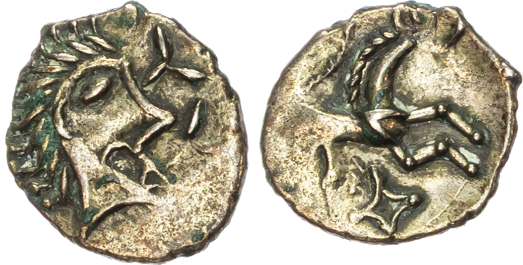 Iceni, Uninscribed (c. 20 BC-AD 10) AR Unit, ‘Norfolk God’ type, 1.25g.