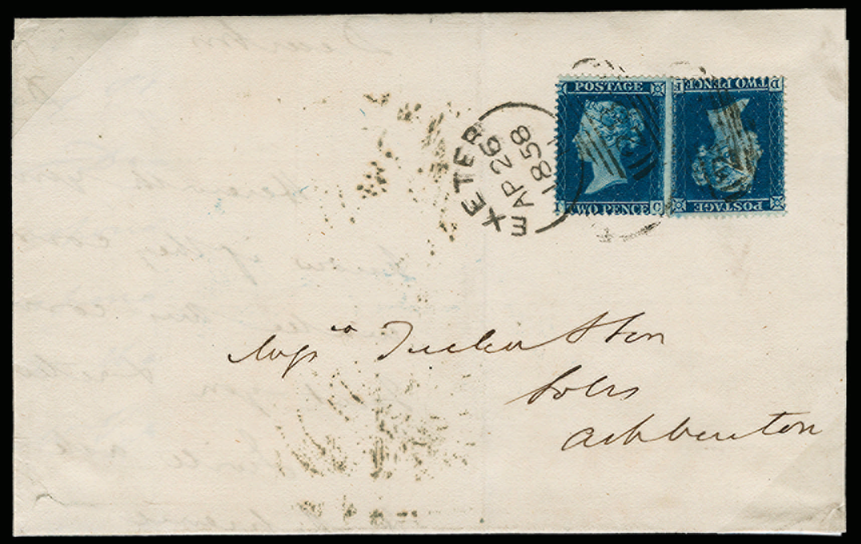 SG36a 1858 2d Blue Pl.6. Entire Exeter to Ashburton