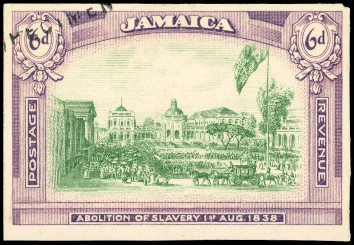 Jamaica 1922 (с.) Imperforate printer's sample of 1921 Abolition of Slavery 6d SPECIMEN, SG 90var