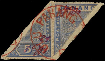 1897 2c and 3c each on half of 5c blue, the Kuala Lipis manuscript provisional, divided diagonally; a se-tenant horizontal...