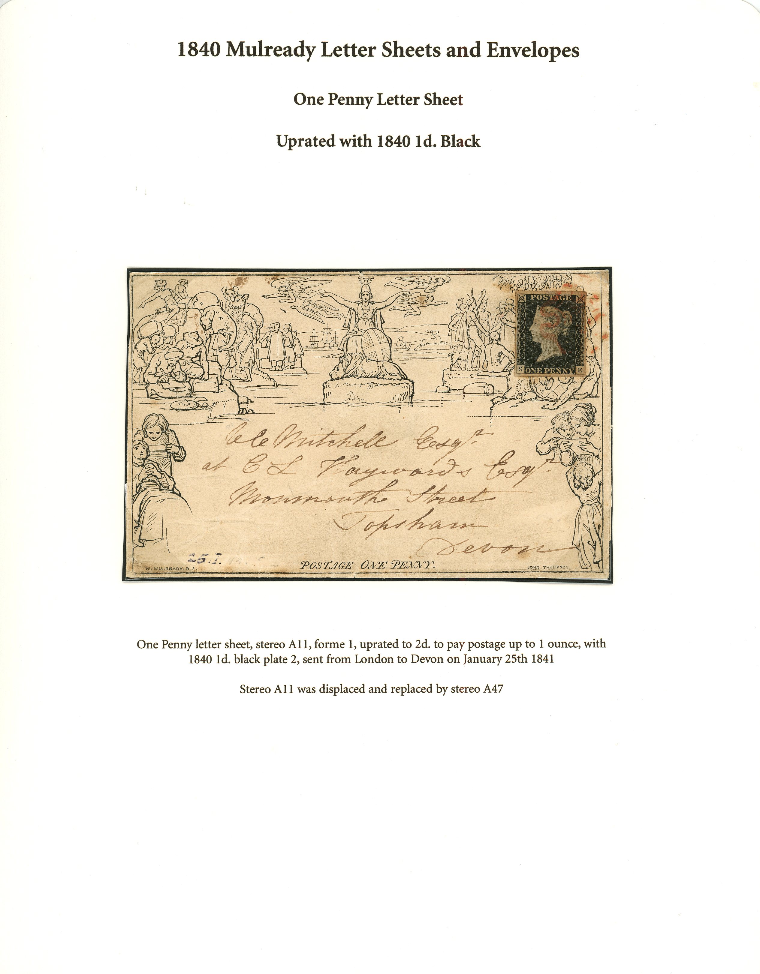 1840 1d black Mulready letter sheet, stereo A11, forme 1, uprated with 1840 1d black plate...