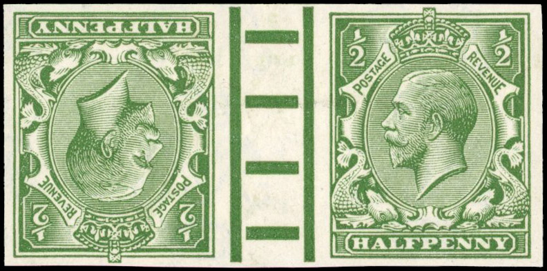 Great Britain 1913 ½ Green, Tête-bêche Gutter Pair, BPMA Imprimatur, SG 351