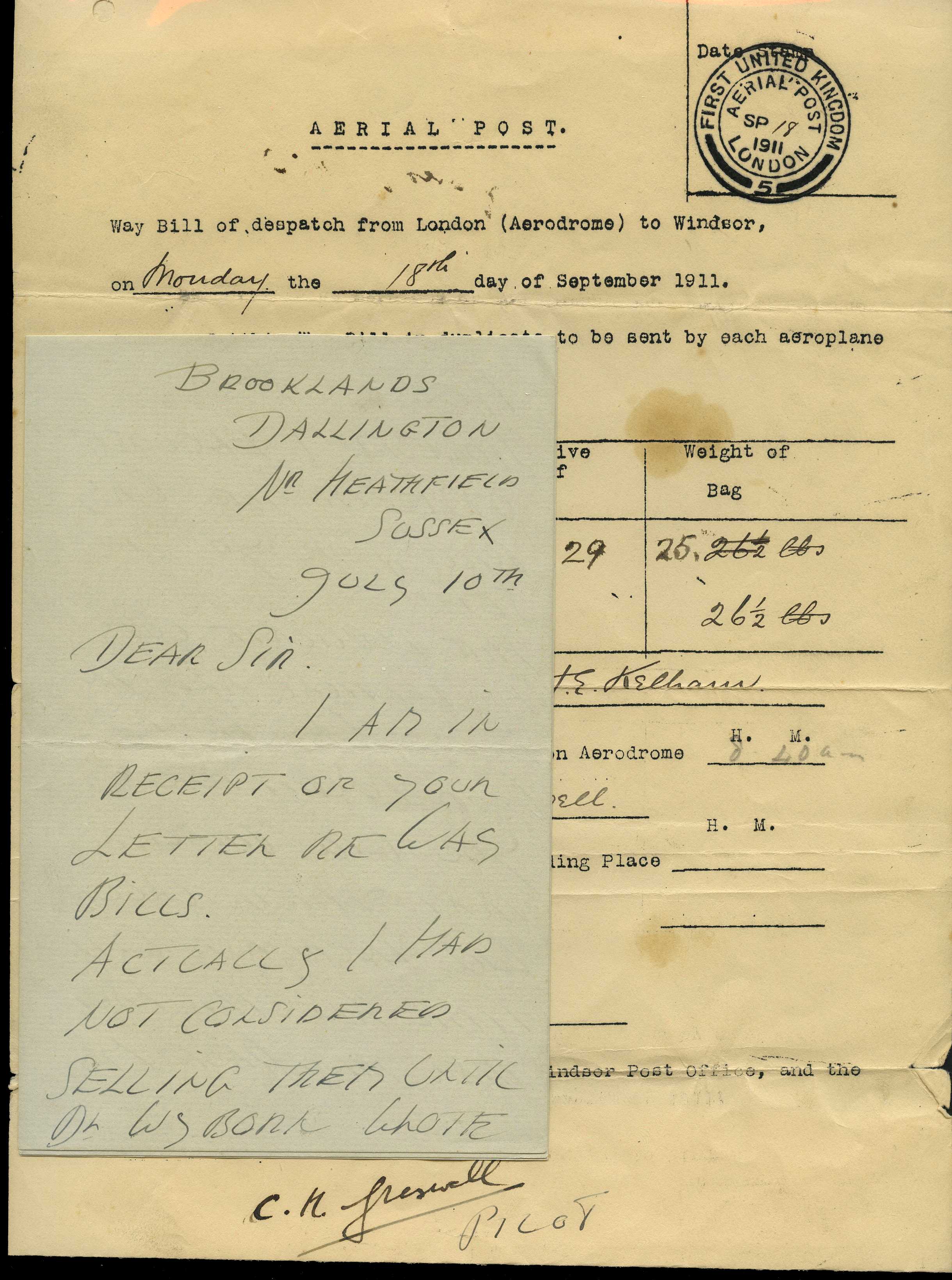1911 FIRST U.K. AERIAL POST: Way Bill of...