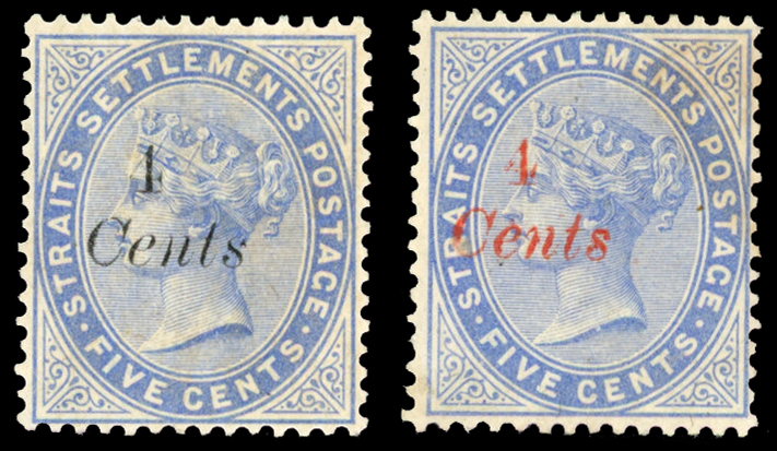 Straits Settlements SG 72/73 1884 4c on 5c blue with surcharges in black and red