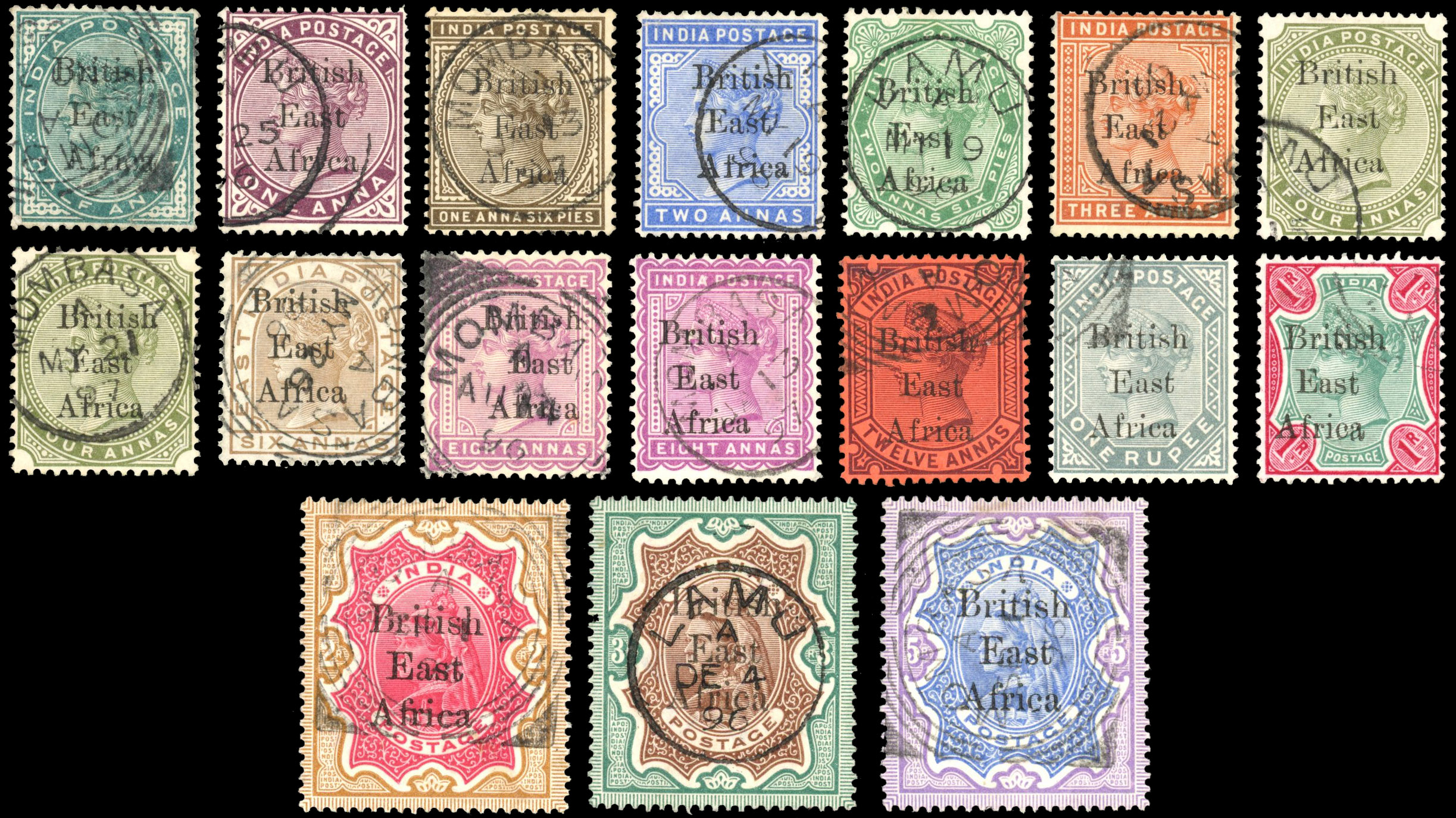 British East Africa SG 49-63 1895 overprints on India set used
