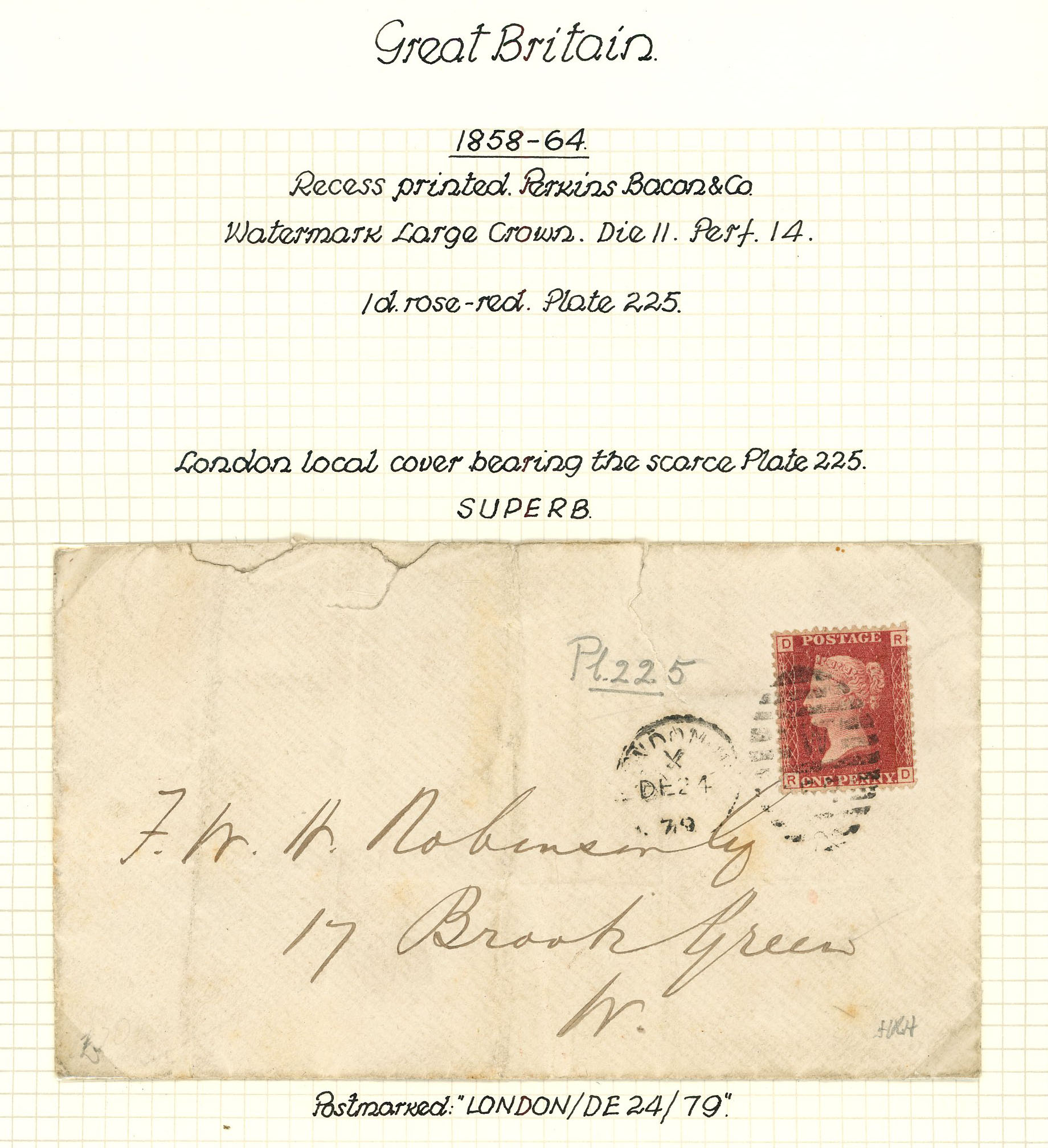 1864-79 envelope franked by 1d rose-red Plate 225 (RD) tied by London numeral dated DE 24...
