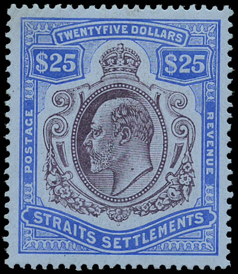 Malaya - Straits Settlements 1906 KEVII $25 purple and blue on blue paper watermark MCA, SG 168, Mint