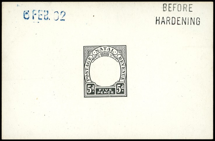 1902 Die Proof of 5d Duty Plate in black on glazed card 93 x 60mm, dated 6 FEB. 02 in blue and marked BEFORE HARDENING. ...