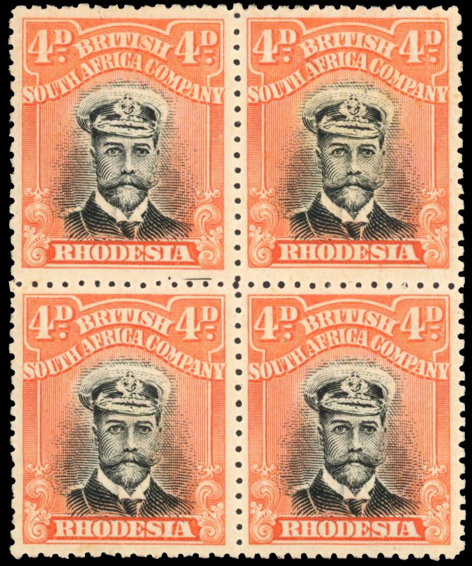 Rhodesia 4d SG 224 block with printer's mark mint