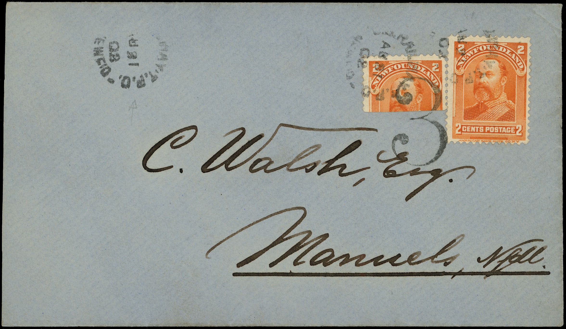 Newfoundland 1897 Royal Family Edward VII 2ct orange James Cox cover SG...