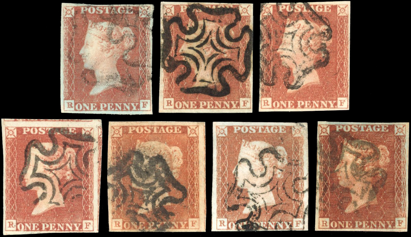 GB SG 7 1841 1d red-brown from 'black' plates group lettered RF used