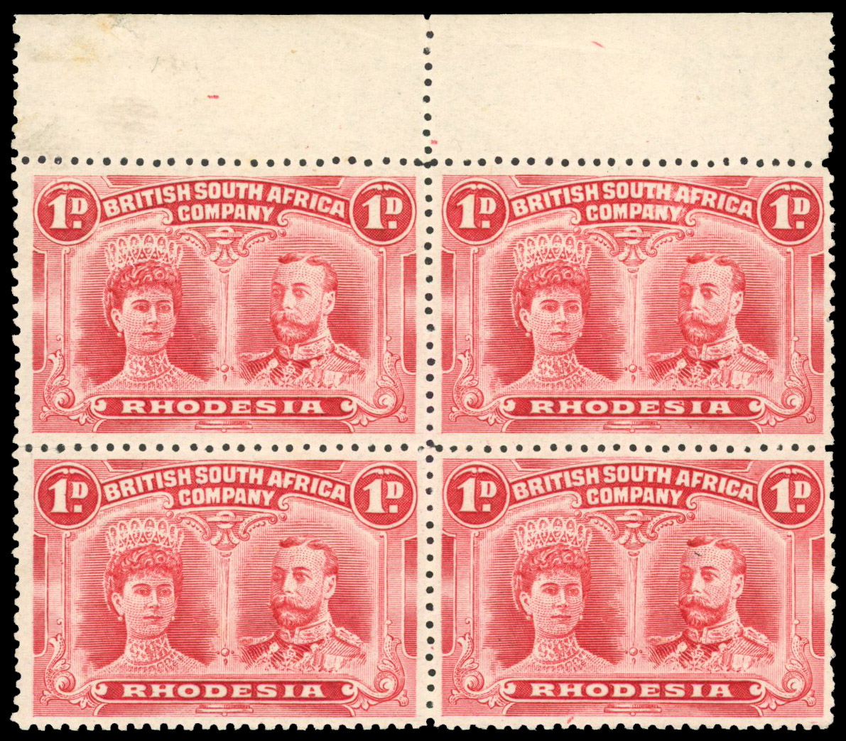 Rhodesia 1910-13 1d bright carmine perf 13½ block of 4