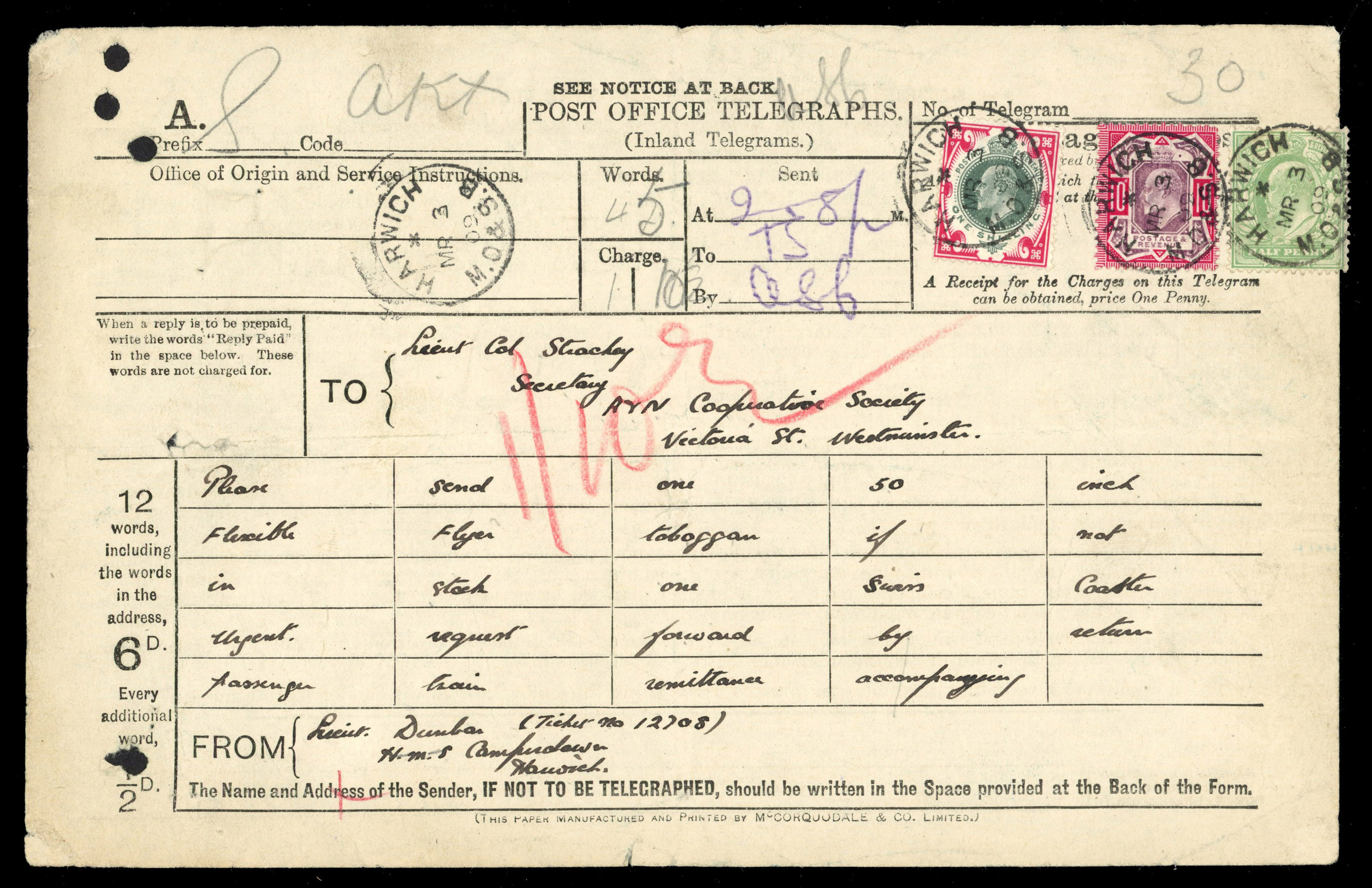 GB TELEGRAPHS: 1909 two forms bearing KEVII adhesives