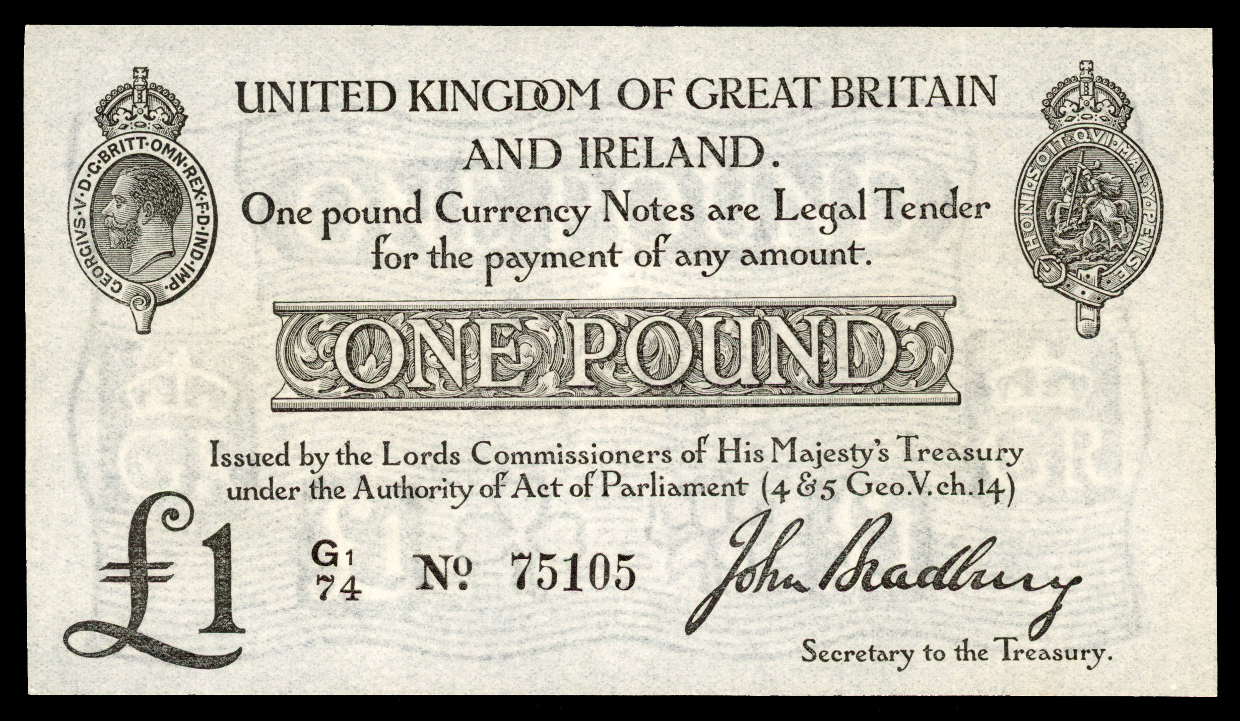 Treasury, J. Bradbury, One Pound, May 1916, G1/74 75105.