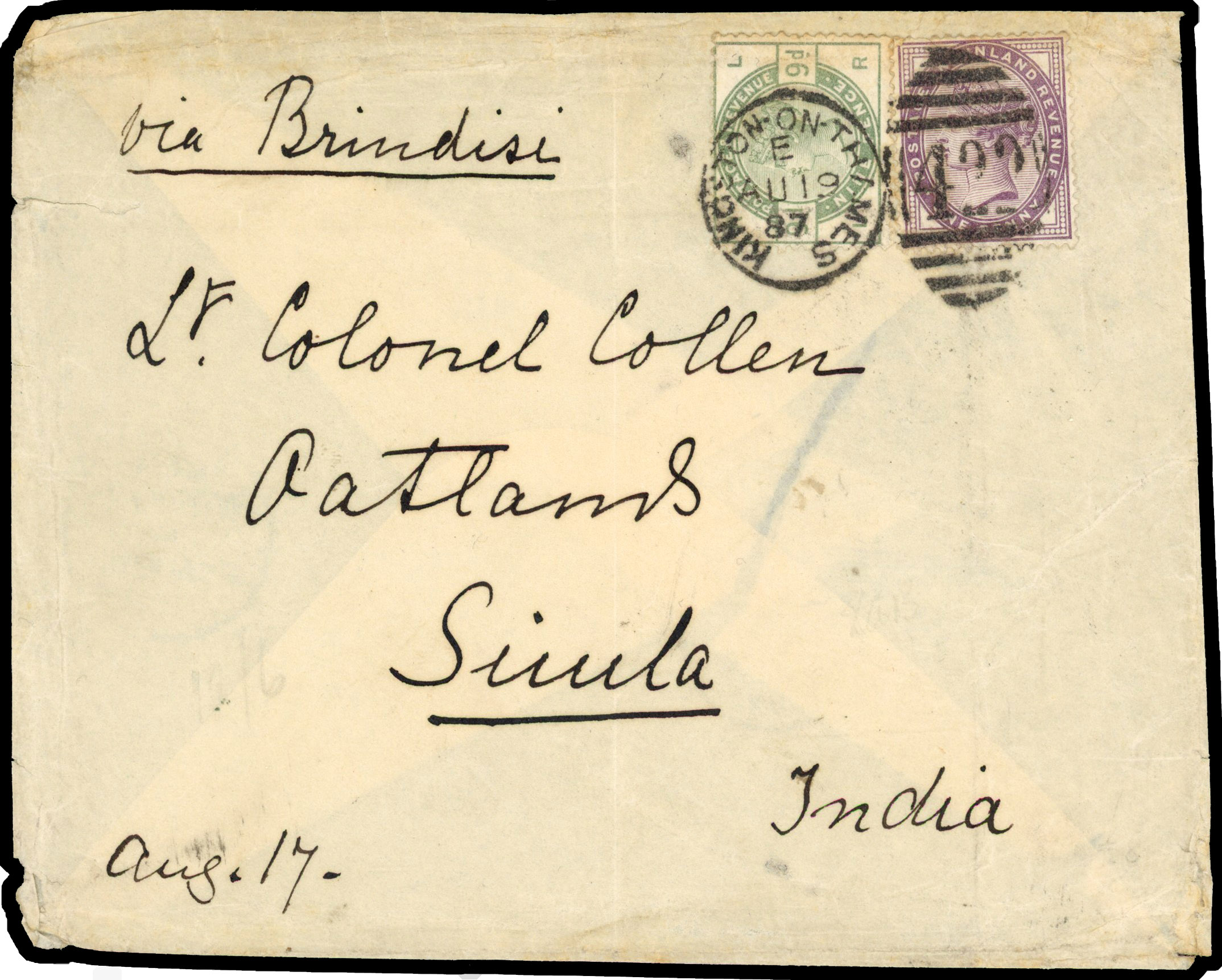 1887 (19 Aug) envelope (peripheral imperfections) to Simla, India