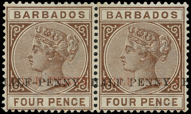 BARBADOS: 1892 ½d on 4d deep brown horizontal pair surcharge double in red and black,