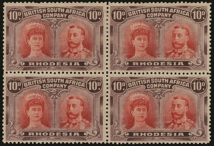 Rhodesia 1910 10d carmine-vermilion and maroon, RSC shade 'D' Block of 4, SG 149/50var Mint