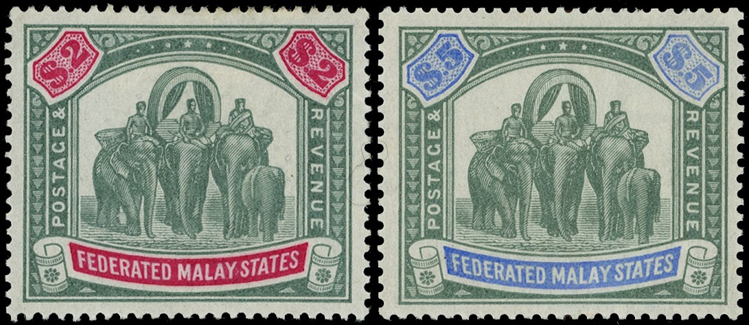 1900 $2 green and carmine and $5 green and pale ultramarine watermark Crown CC, fine large part o.g. examples...