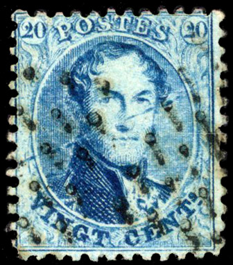Belgium 1863 20c blue used with diagonal cracked plate line
