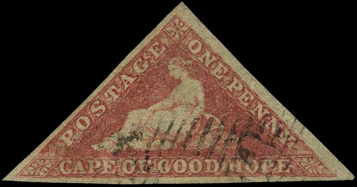 1858 1d rose, used example with three good...