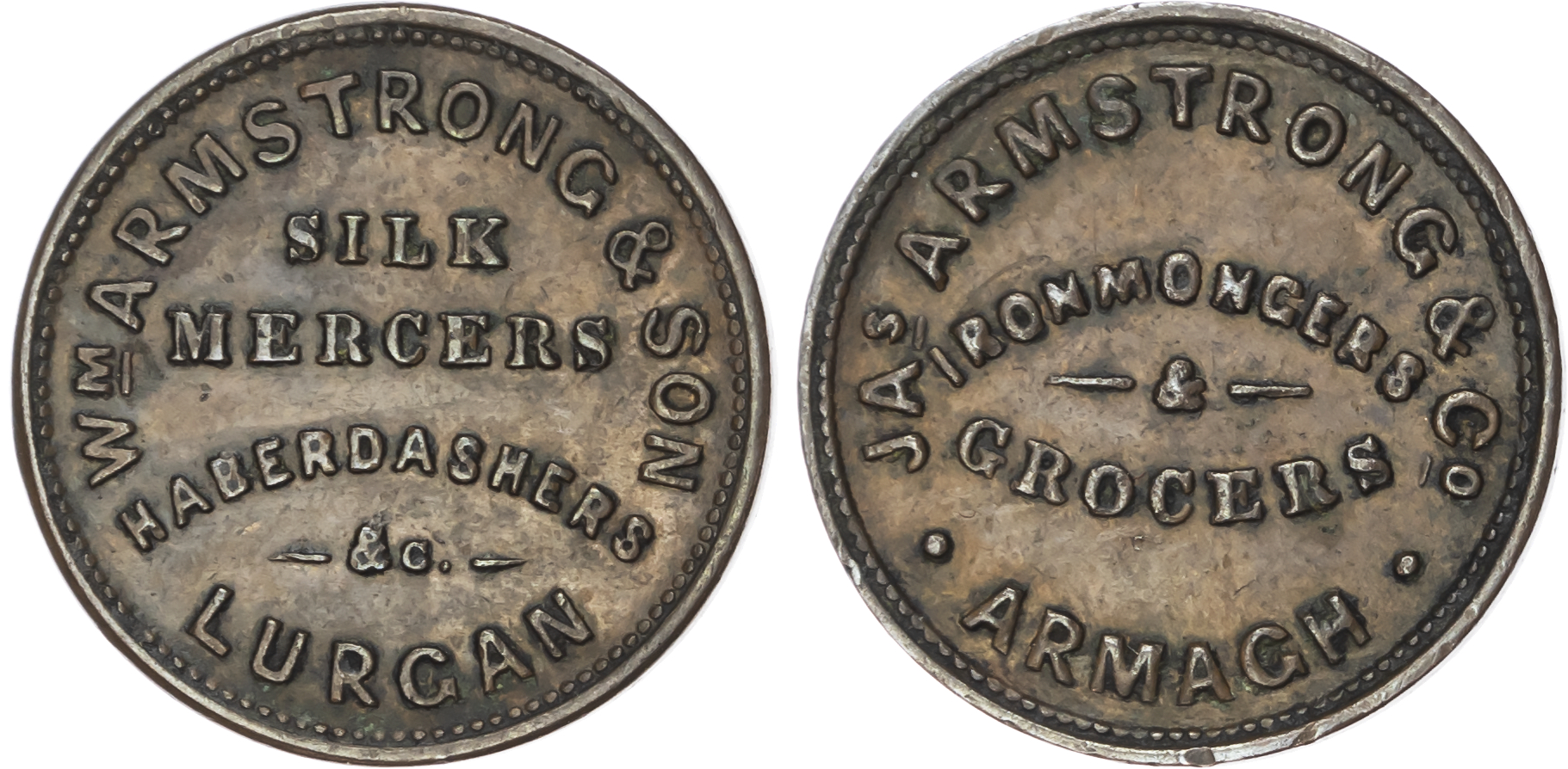 Armagh & Lurgan, James Armstrong, (ironmonger, grocer, silk mercer and haberdasher) farthing (1850s) three-lin…