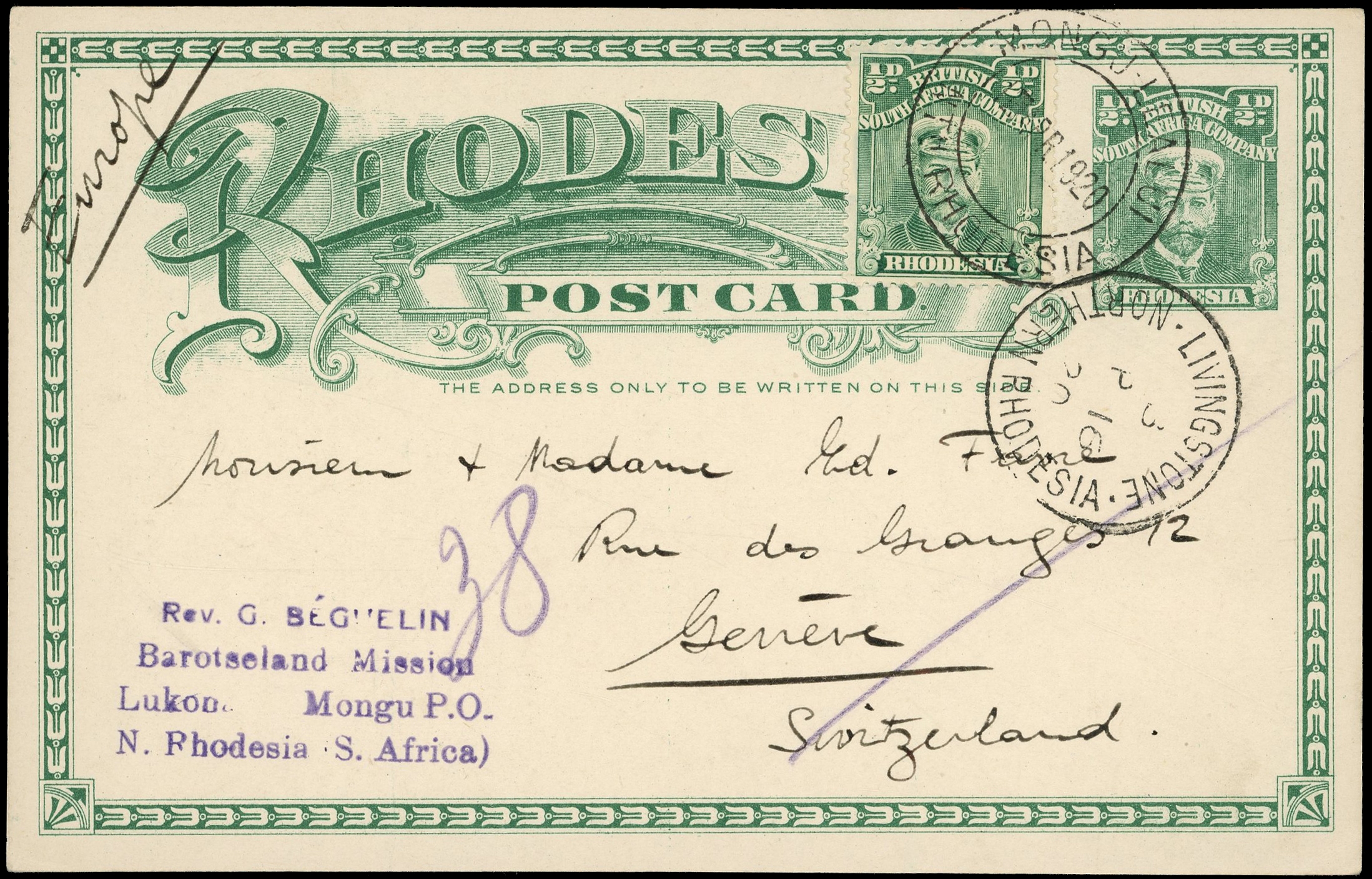 1920 ½d green "Admiral" post card used from Mongu Lealui to Switzerland