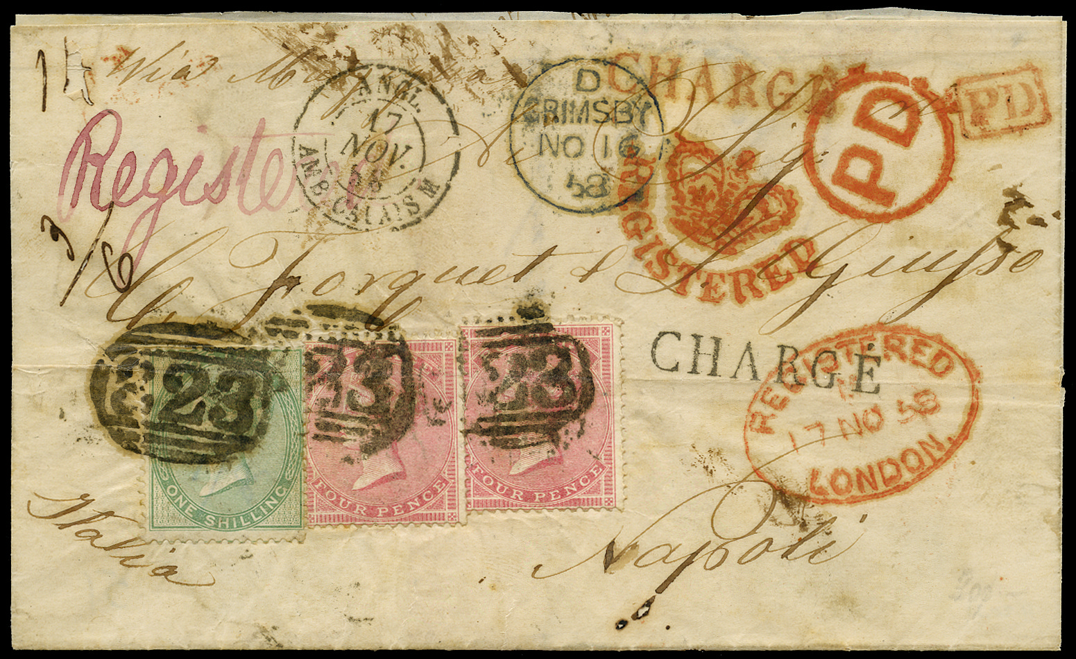 SG66a,72 1857 Registered cover to Naples