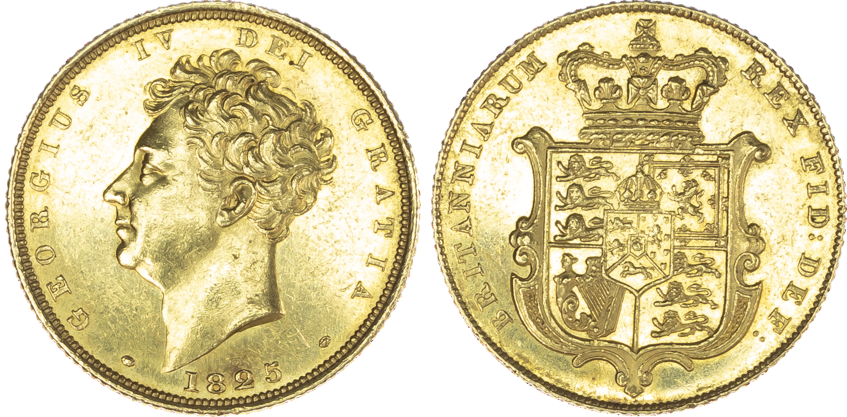 George IV (1820-30), Sovereign, 1825, type II, bare head left, date below truncation, legend and toothed border surrounding