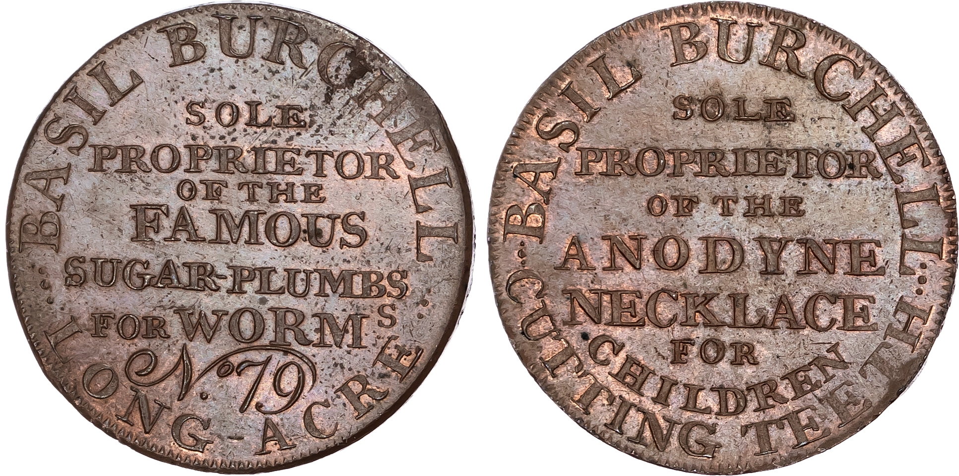 London,  Longacre, Basil Burchell (medicine seller) Advertising Halfpenny undated.