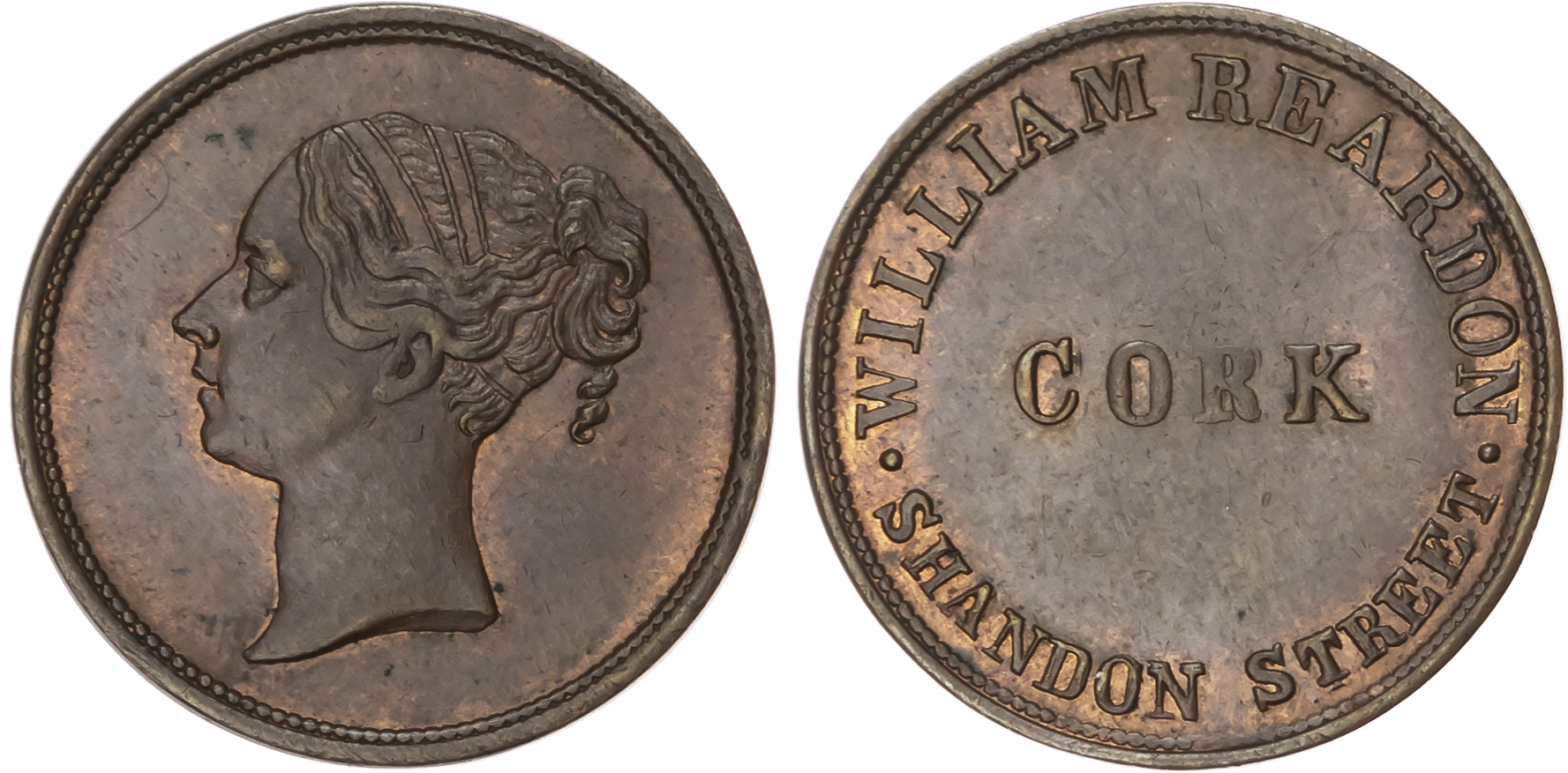 Cork, William Reardon (pawnbroker), farthing, (late1840s), city name/head of Victoria l. 21mm. (W 5850 Good Ex…