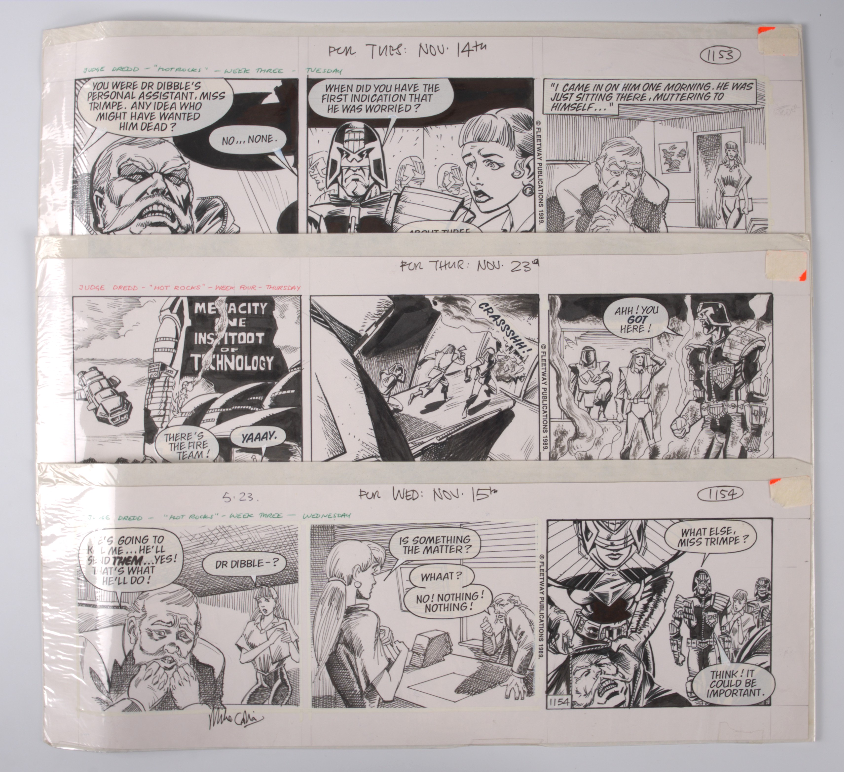 Mike Collins 2000 AD Judge Dredd: Hot Rocks Daily Serial Inked Panels #1153, #1154 & #1161 (Fleetway/Daily Star, 1989)