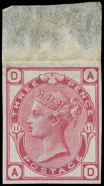 1873 3d Rose Pl.11. Very fine unused imperforate top marginal imprimatur lettered AD. Scarce one of only 22 possible exa…