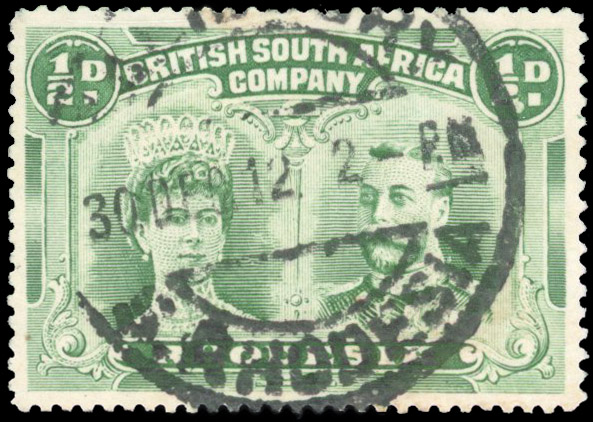 Rhodesia 1910-13 ½d blue-green perf 15 with the Double Dot flaw