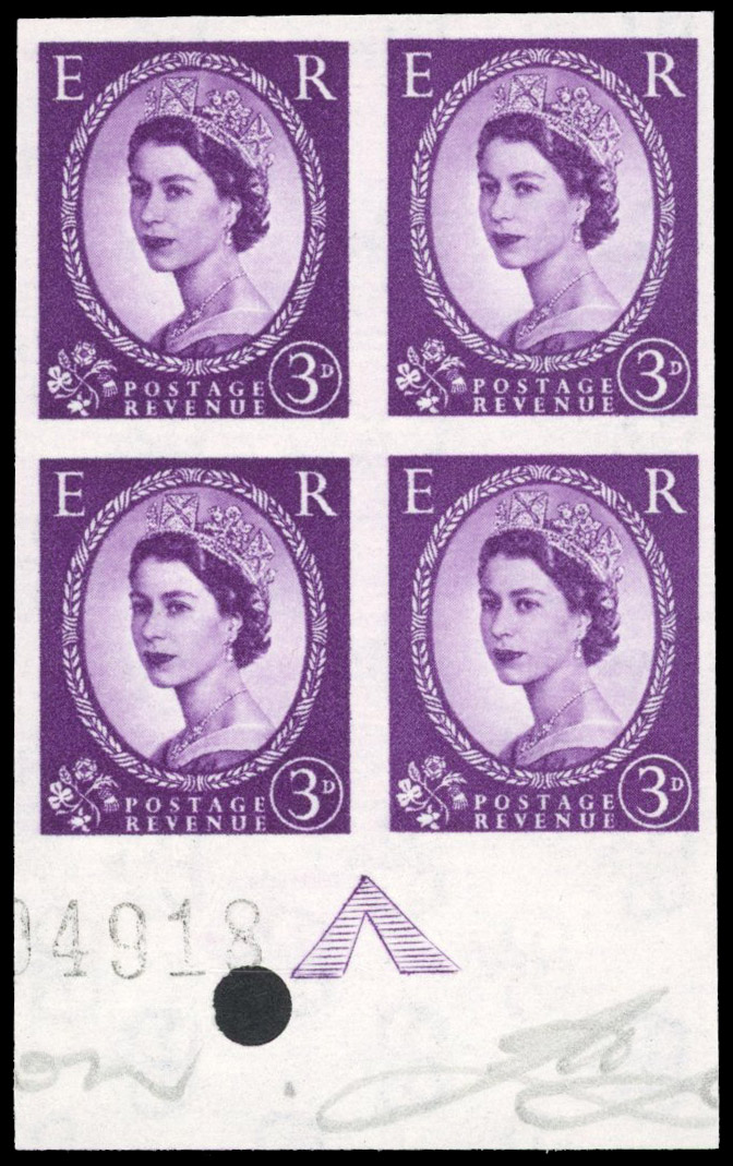Great Britain 1958 3d Deep lilac, Block of Four, BPMA Imprimatur, SG 575a
